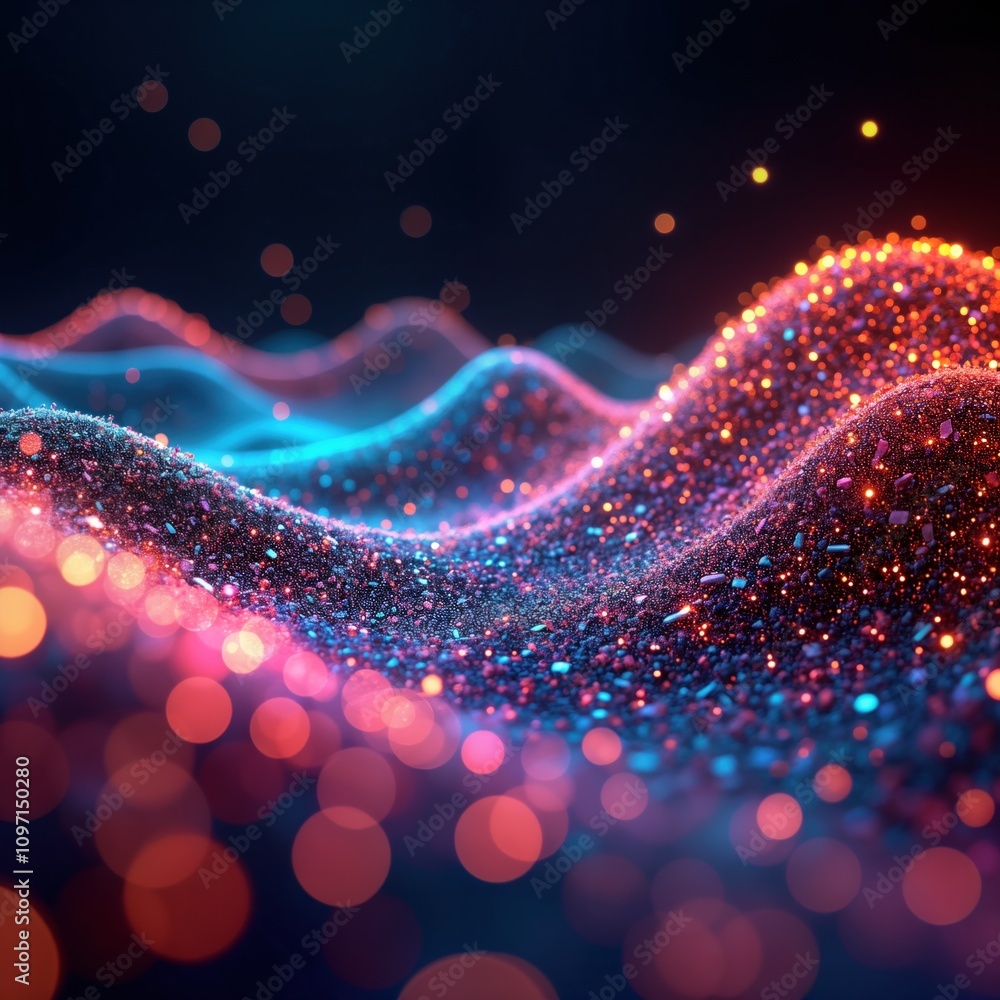 Poster abstract digital wave glows blue red. glowing particles form futuristic tech background. network dat