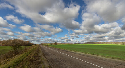 A road with a few trees in the background and a cloudy sky
