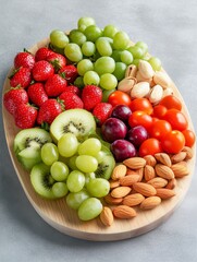 Mixed fresh fruits, vegetables, and nuts presented on a natural serving tray