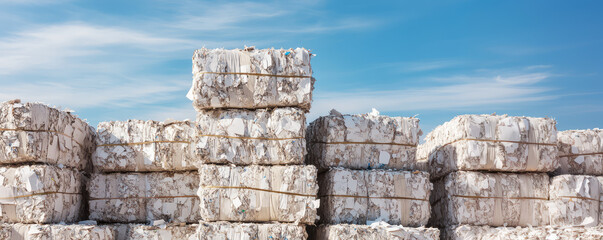 Stacks of recycled paper bales for processing. Collection of waste paper, separate collection of waste. Recycling paper materials