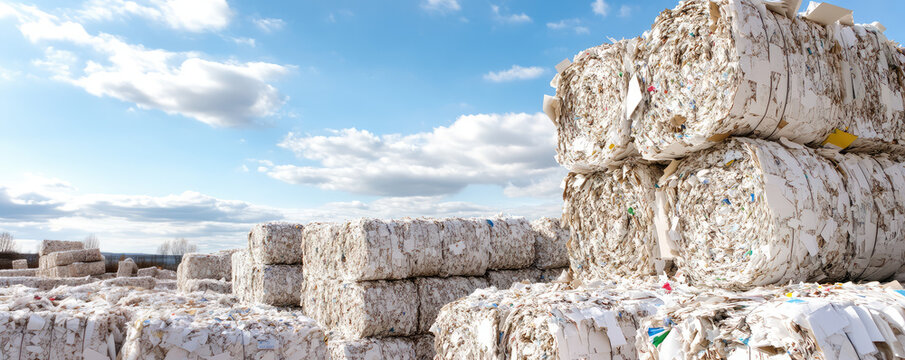 Stacks of recycled paper bales for processing. Collection of waste paper, separate collection of waste. Recycling paper materials