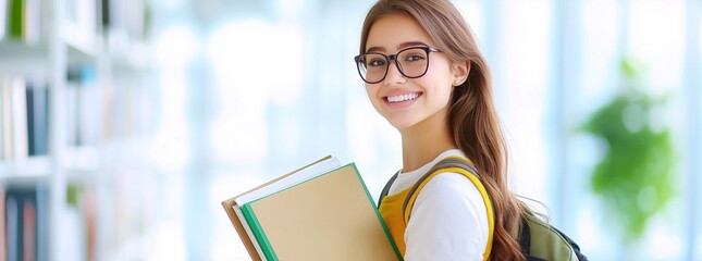Happy young female high school student model holding copybooks in the background of a library. Smiling girl learner, education advertising.