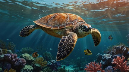 Fototapeta premium Majestic sea turtle gracefully swimming amidst vibrant coral reef and sunlight.