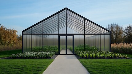 Obraz premium Modern Greenhouse with Transparent Antireflective Panels and Indoor Green Plants : Generative AI