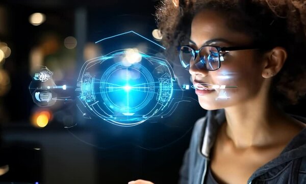 Data analytics, digital technology, night overlay, hologram of coding and woman on tablet trying to comprehend hologram of software.