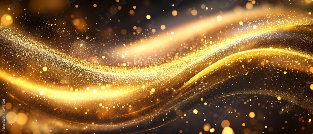Poster Luxurious Golden Light Waves with Glowing Particles in Motion Abstract Background : Generative AI