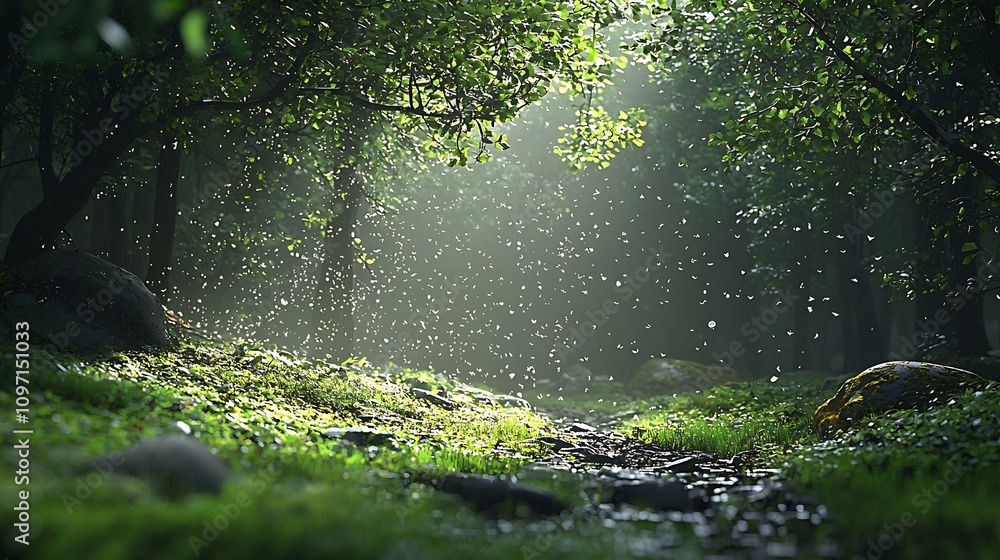 Aufkleber tranquil sunlit forest path with gentle sunrays and falling leaves : generative ai