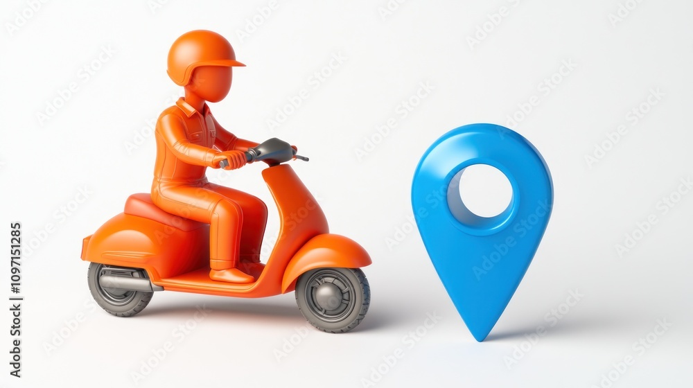 Poster A 3D figure on a scooter next to a location pin, symbolizing delivery or navigation services.