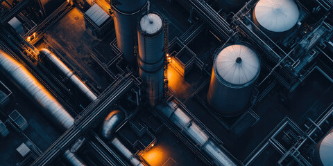 Top view of an industrial plant or factory room interior, nobody