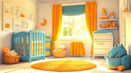 Bright Nursery Room with Yellow and Blue Decor Sunlight and Cozy Furnishings : Generative AI