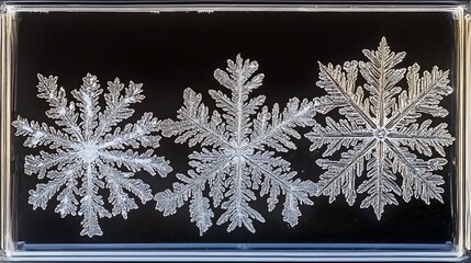 Three intricate snowflakes displayed on a dark background, showcasing their unique patterns.