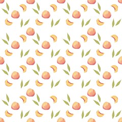 A hand-painted watercolor pattern of a peach on a white background.