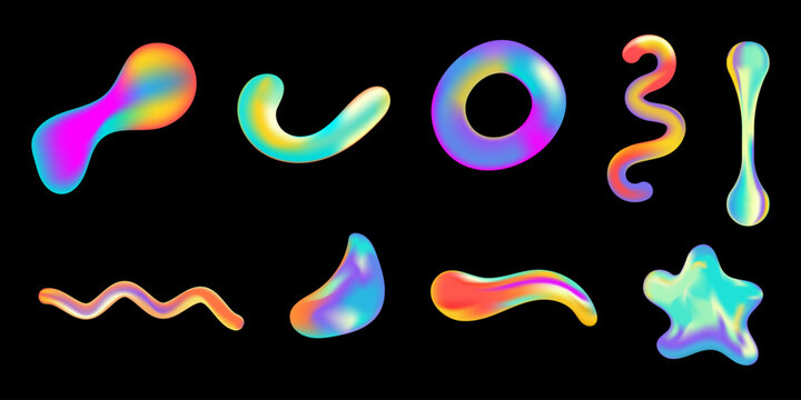 Set of colorful 3D fluid shapes with holographic gradient effect. Abstract liquid spherical forms isolated on black background, Trendy banner or poster design. Vector art.
