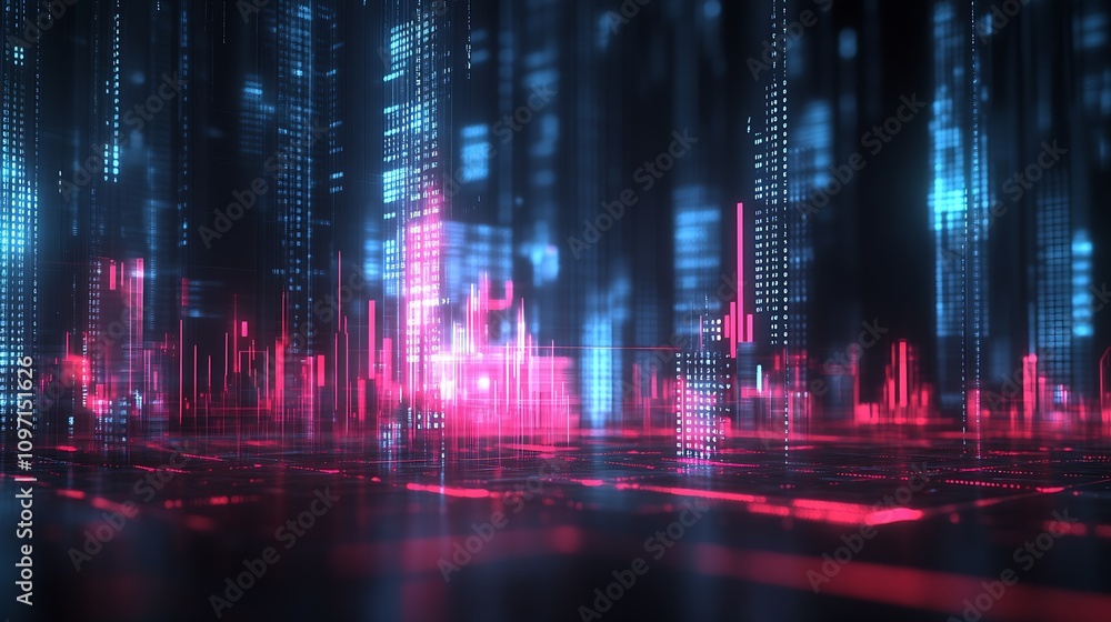 Aufkleber Abstract Blue and Red Neon Digital Cityscape Data Flow Visualization : Generative AI