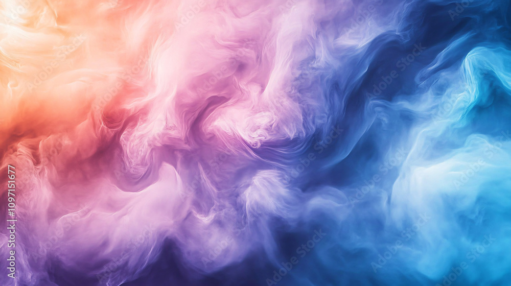 Poster colorful smoke is swirling, creating abstract shapes and patterns, with a gradient from orange to bl