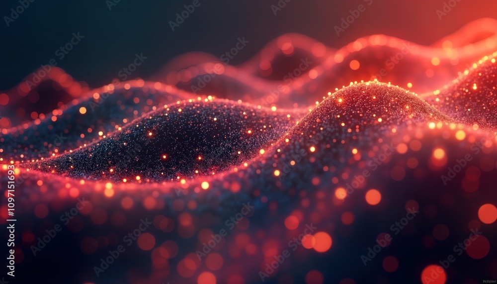Poster abstract red background with glowing particles. dark red shiny texture. digital art. modern tech des