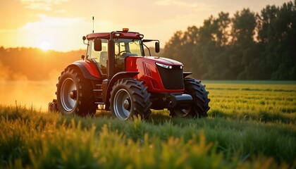 Fototapeta premium Red tractor works in field at sunset. Agricultural vehicle cultivates land. Farming machinery moves on farmland. Modern farming technology. Rural landscape at golden hour.