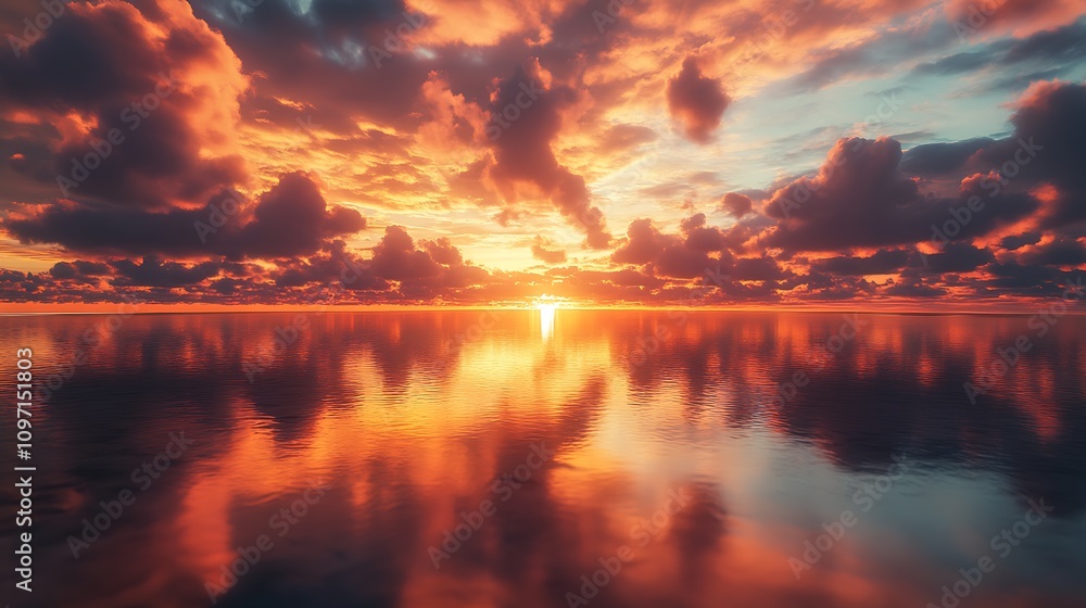 Poster dramatic sunset over ocean with colorful clouds reflecting : generative ai
