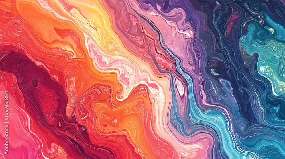 Aufkleber Fluid art texture with dynamic curved lines forming a mesmerizing abstract painting in vibrant colors