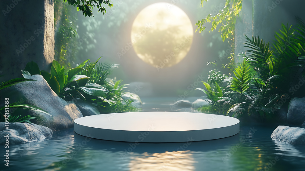 Poster minimalist circular platform in a tropical jungle setting with glowing light and serene atmosphere