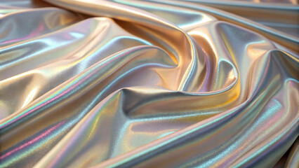 Image shows vibrant textured curtain fabric in gold, silver, rose gold, pink, and rainbow hues. Draped against white background, it creates magical, dreamlike effect.