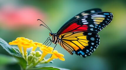 Close-Up of Vibrant Monarch Butterfly on Bright Yellow Flowers in Lush Greenery : Generative AI