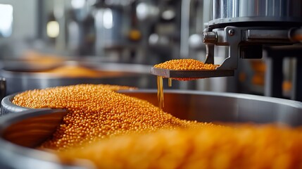 Automated Food Processing Machine Pouring Golden Pellets into Containers : Generative AI
