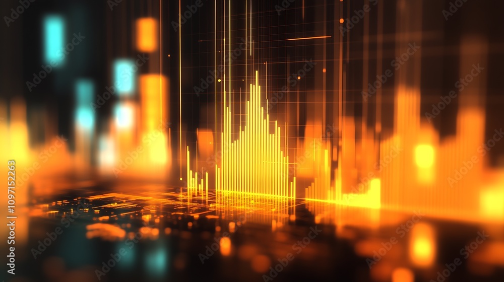 Poster Abstract Digital Technology Data Visualization with Dynamic Orange and Blue Graphic Elements : Generative AI
