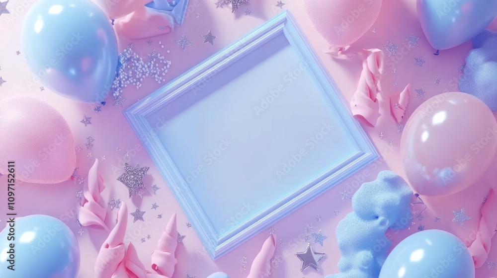 Poster a pastel-themed flat lay with balloons, stars, and an empty frame for customization.