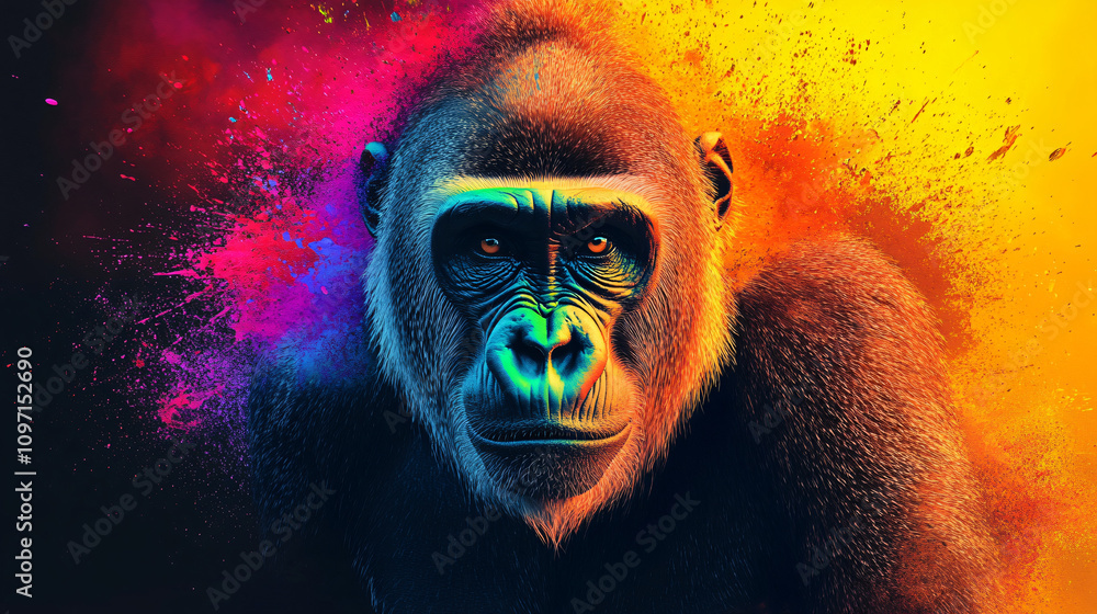 Poster Gorilla adorned with vibrant paint splatters, creating a colorful and artistic close-up portrait