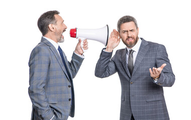 attention please. businessman with loudspeaker announce business. new business announcement....
