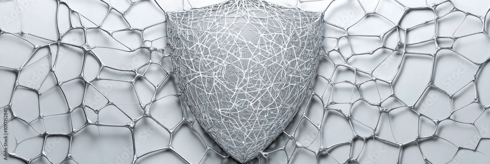 Poster a shield made of interconnected wires against a textured background.