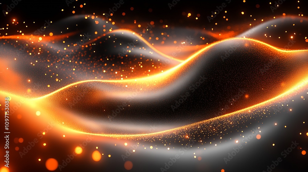 Poster Vibrant abstract orange and white wave pattern with sparkling light particles : Generative AI