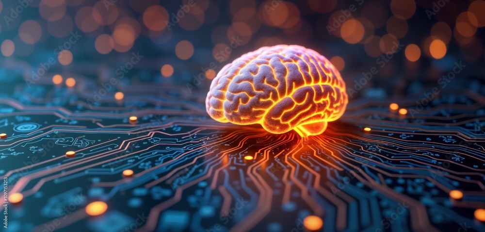 Leinwandbilder human brain rests on circuit board. neural network concept. ai brainwave tech. digital mind. science