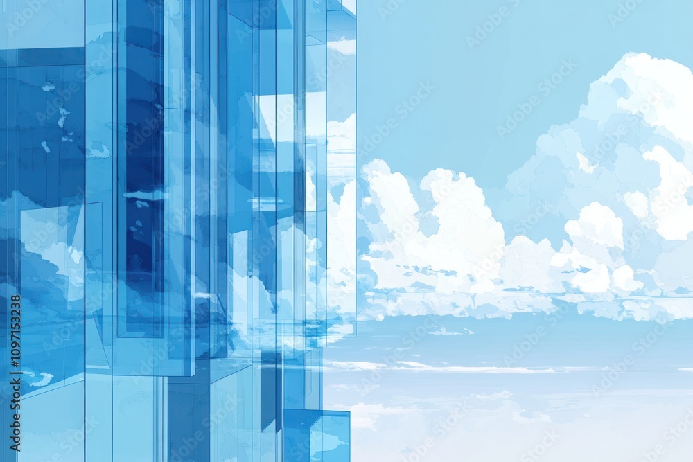 Poster Abstract blue architectural design with clouds in the background.
