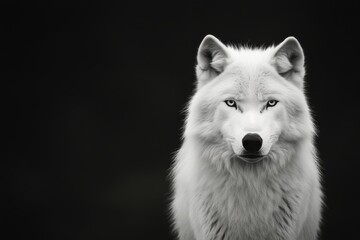 Obraz premium Majestic white wolf with striking blue eyes against a dark background