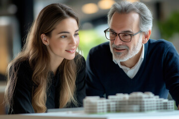 Professionals collaborating on architectural model in modern workspace. Generative AI
