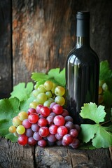 Grapes and wine bottle arranged on wooden table with green leaves in rustic setting