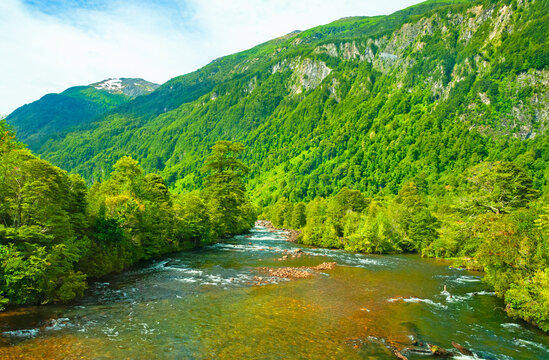 Simpson river National Reserve, a national reserve of southern Chile's Aysen Region with waterfalls, rushing rivers, wooded mountains and verdant forests located along Simpson River.