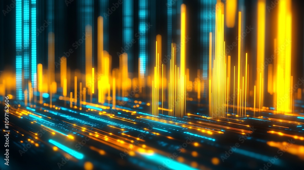 Poster Dynamic Orange and Blue digital Data Visualization Abstract Art with Glowing Light Bars : Generative AI