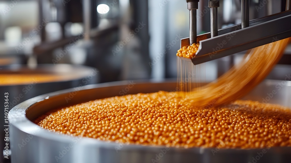Leinwandbilder automated food processing line with golden pellets in industrial factory setting : generative ai