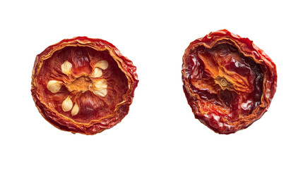 A dried cherry tomato sliced in half on white background