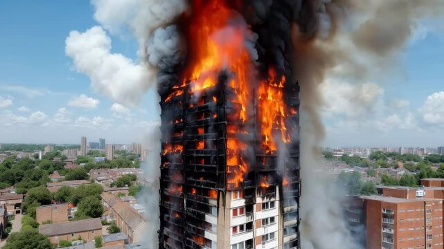 Massive fire engulfs high-rise building in city during the afternoon, causing thick smoke and destruction