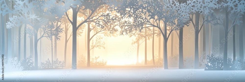Poster a tranquil winter forest unfolds with intricate white paper silhouettes and soft light filtering thr