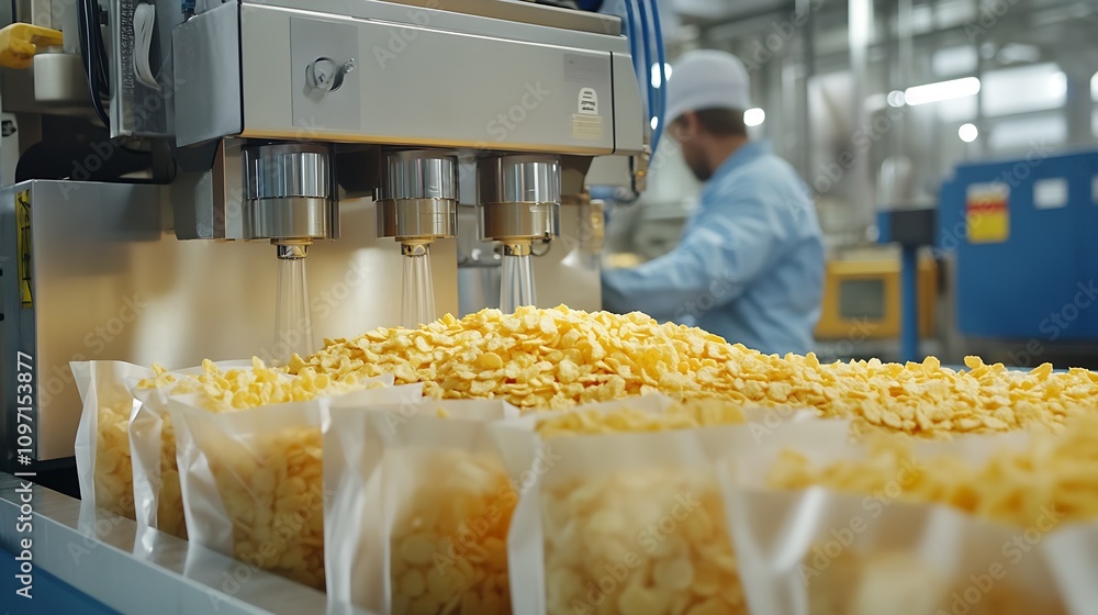 Poster Efficient Packaging System for Potato Chips with Conveyor Line in Modern Factory : Generative AI
