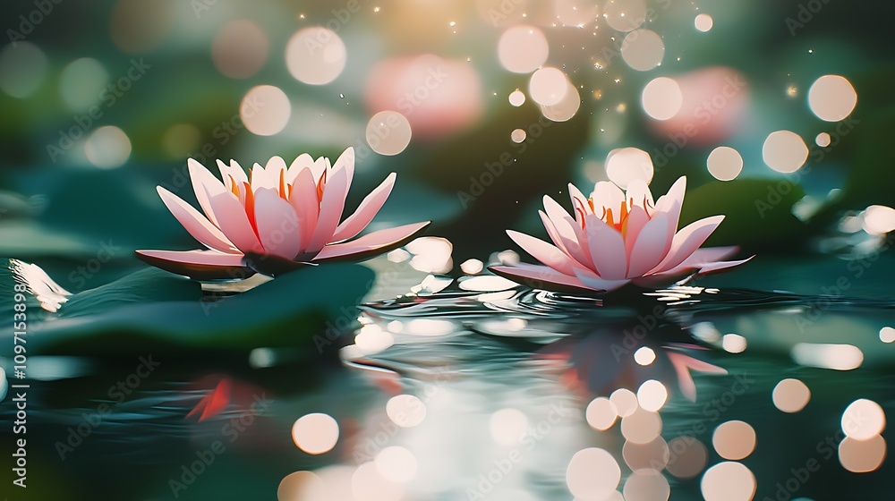 Poster magical water lilies floating with dreamy bokeh and glowing waters : generative ai