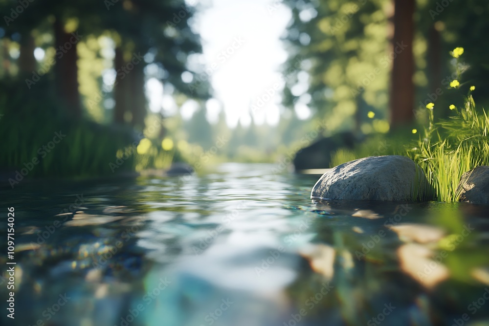 Poster serene forest stream with clear water reflecting lush green trees on a sunny day : generative ai