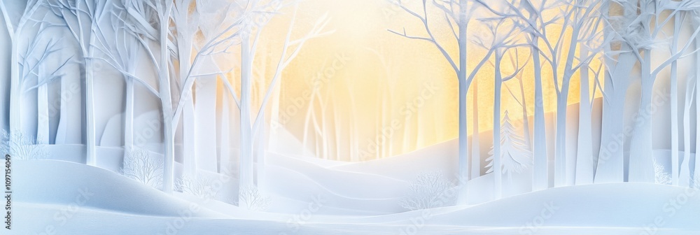 Poster a tranquil winter landscape features intricate white paper silhouettes of trees, softly illuminated 