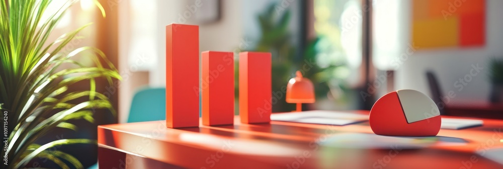 Aufkleber A workspace featuring red bar graphs, a bell, and a geometric object, suggesting analysis.