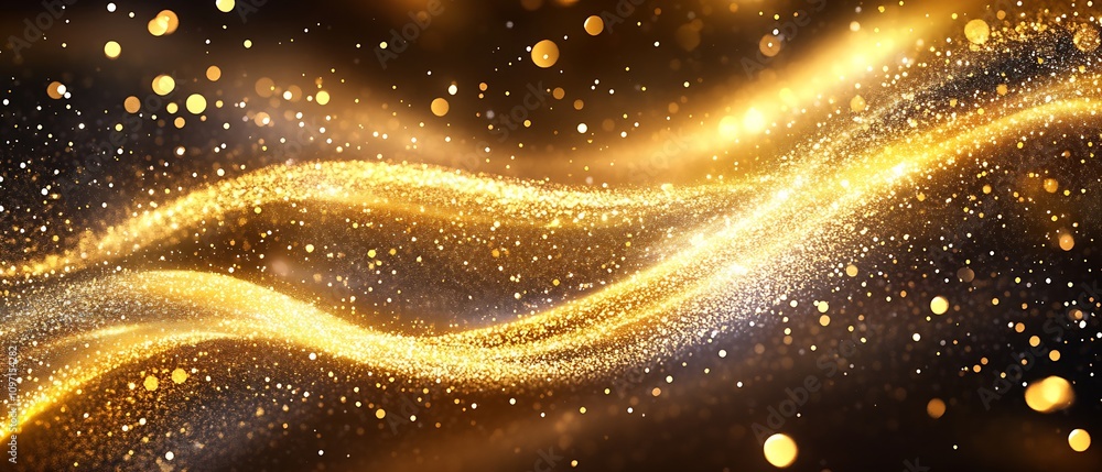 Poster abstract waves of gold with glowing particles in fluid motion dynamic background : generative ai